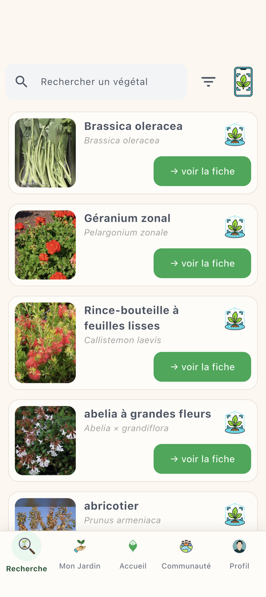 Recherche de plantes avec la liste des végétaux